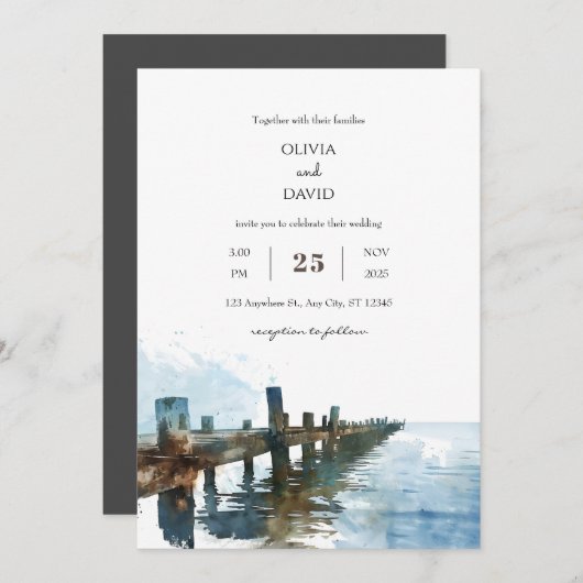 Invitation Océan Rustique Jetée en bois Aquarelle Plage Maria (Devant / Derrière)