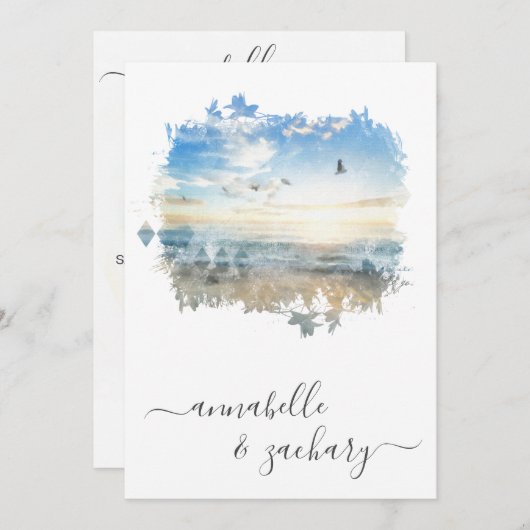 Invitation ** Ocean Sea Artistic RSVP - Plage QR AR7 Mariage (Devant / Derrière)