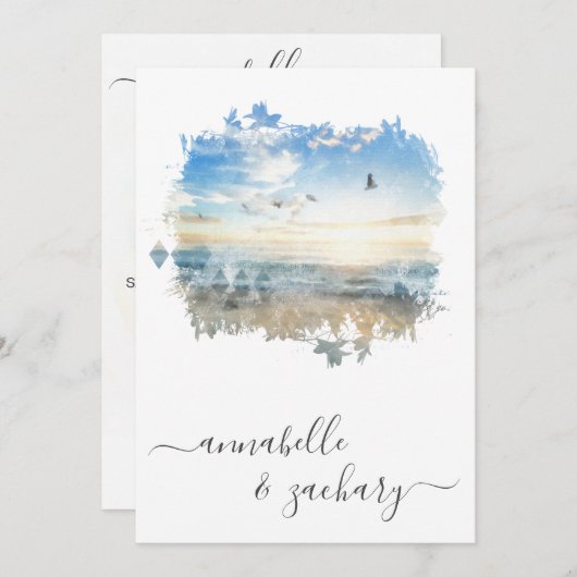 Invitation *~* Ocean Sea Artistic RSVP - Plage QR AR7 Mariage (Devant / Derrière)