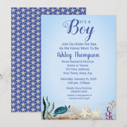 Invitation Ocean Sea Turtle Blue Boys Starfish Baby shower (Devant / Derrière)
