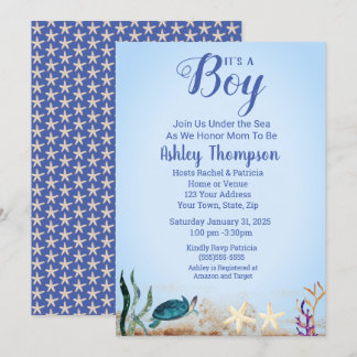 Invitation Ocean Sea Turtle Blue Boys Starfish Baby shower