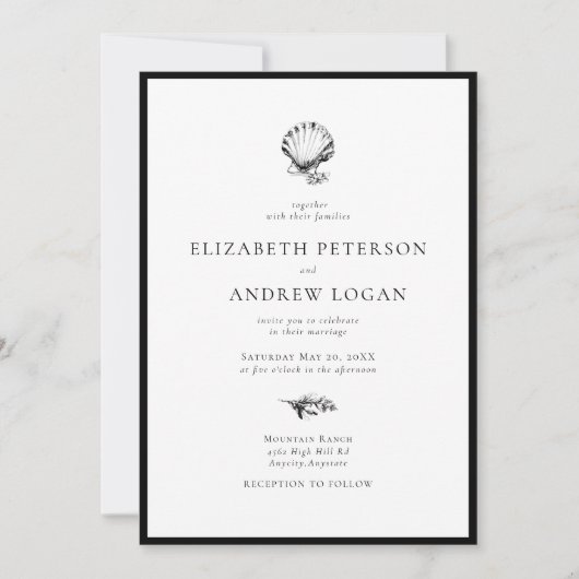 Invitation Ocean Seashell Modern Minimal Black White Wedding (Devant)