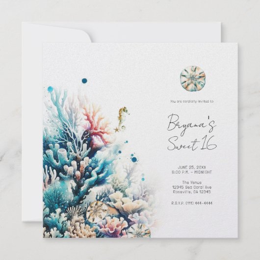 Invitation Ocean Splash Sea Coral Aquarelle Sweet 16 (Devant)