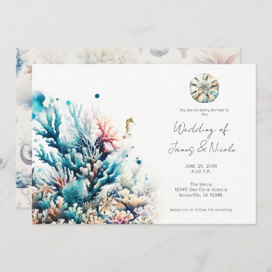 Invitation Ocean Splash Sea Coral Mariage d'aquarelle (Devant / Derrière)