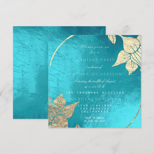 Invitation Ocean Turquoise Champaig Floral Anniversaire (Devant / Derrière)