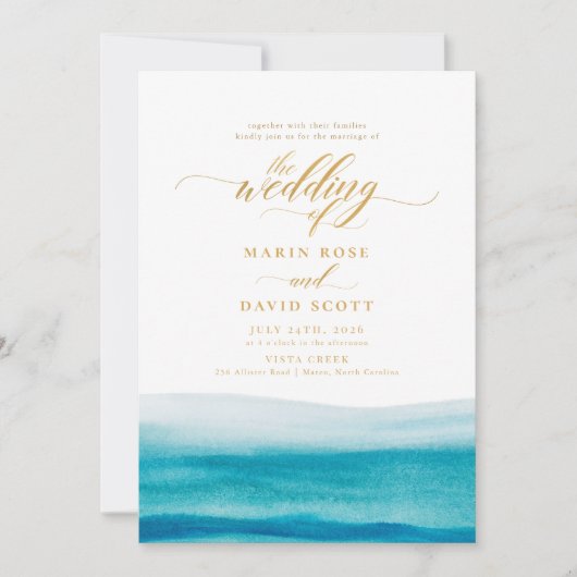 Invitation Ocean Watercolor Gold Script Plage Mariage (Devant)