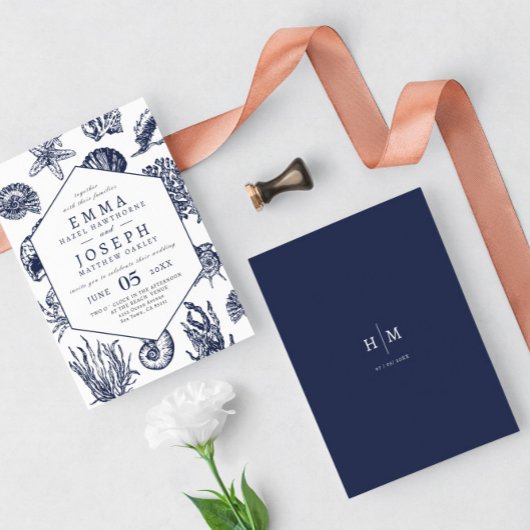 Invitation océanique classique nautique bleu marine Mariage