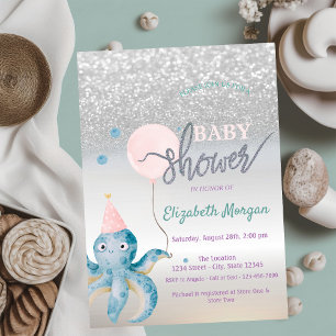 Invitation Octopus Ballon Bokeh Argent Baby Shower