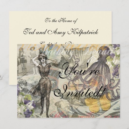 Invitation Octopus Beach Antique Côte Steampunk (Devant / Derrière)