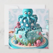 INVITATION OCTOPUS BLEU BLANC THÈME GÂTEAU D'ANNIVERSAIRE (Devant)