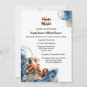 Invitation Octopus bleu orange océan vagues côtier chic (Devant)