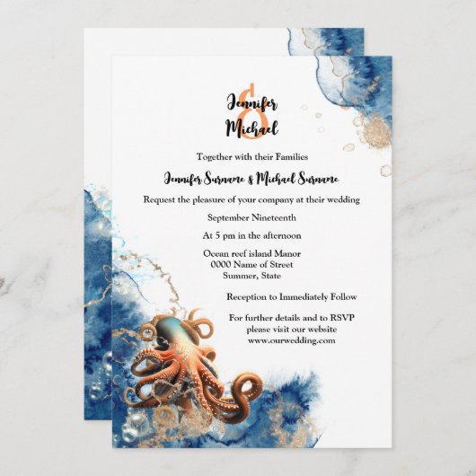 Invitation Octopus bleu orange océan vagues côtier chic (Devant / Derrière)