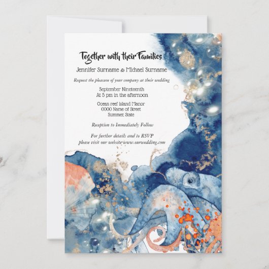 Invitation Octopus marine orange splash plage mariage (Devant)