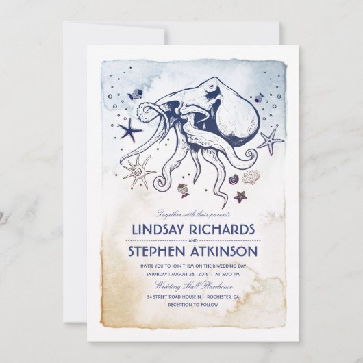 Invitation Octopus - Nautique - Sous le Mariage de la mer (Devant)