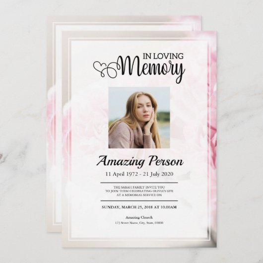 Invitation Oeillette rose Ordre funéraire (Devant / Derrière)