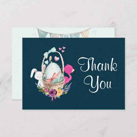 Invitation Oeuf dans un panier avec Flamant rose et Merci lap (Devant / Derrière)