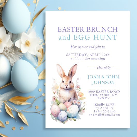 Invitation OEufs d'aquarelle de lapin Pâques BRUNCH & CHASSE