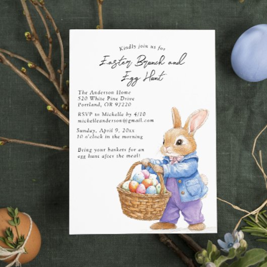 Invitation OEufs de lapin dans le panier Brunch et chasse aux