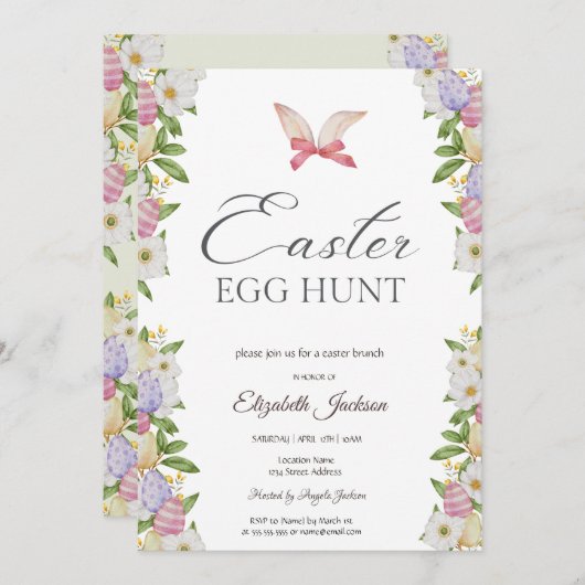 Invitation Oeufs de Pâques Bunny Oreilles Fleurs Brunch & Bub (Devant / Derrière)