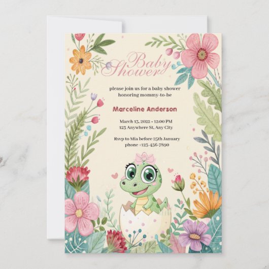 Invitation Oeufs d'éclosion de bébé alligator kawaii floral - (Devant)