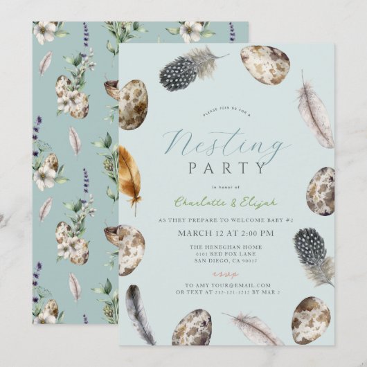 Invitation Oeufs et plumes Baby shower de la fête de nidifica (Devant / Derrière)