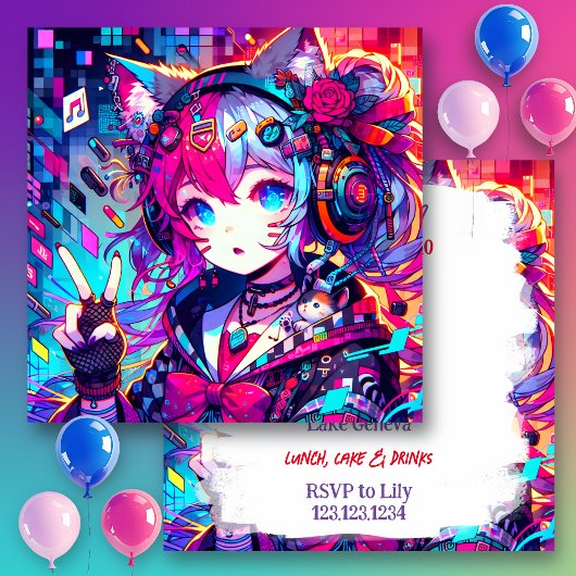 Invitation Oeuvre d'Anime colorée Glitchcore Anniversaire