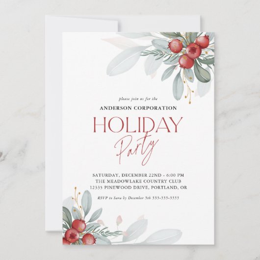 Invitation Office Fête Vacances Élégante verdure d'hiver (Devant)