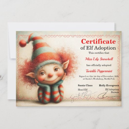 Invitation Official North Pole Elf Adoption Certificate (Devant)