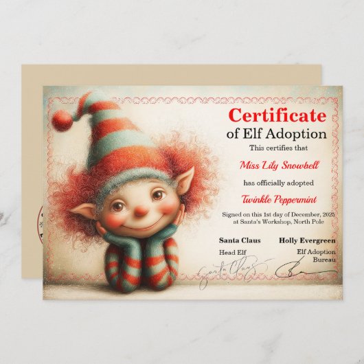 Invitation Official North Pole Elf Adoption Certificate (Devant / Derrière)