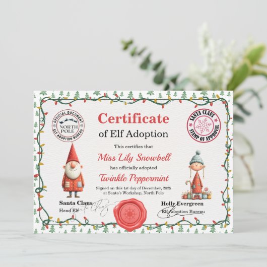 Invitation Official North Pole Elf Adoption Certificate (Debout devant)