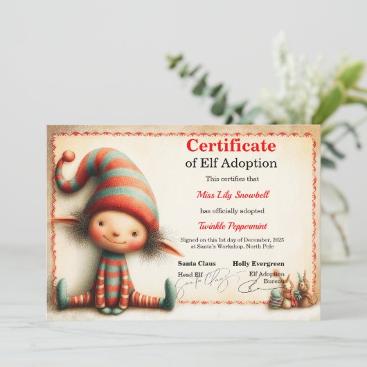 Invitation Official North Pole Elf Adoption Certificate  (Debout devant)