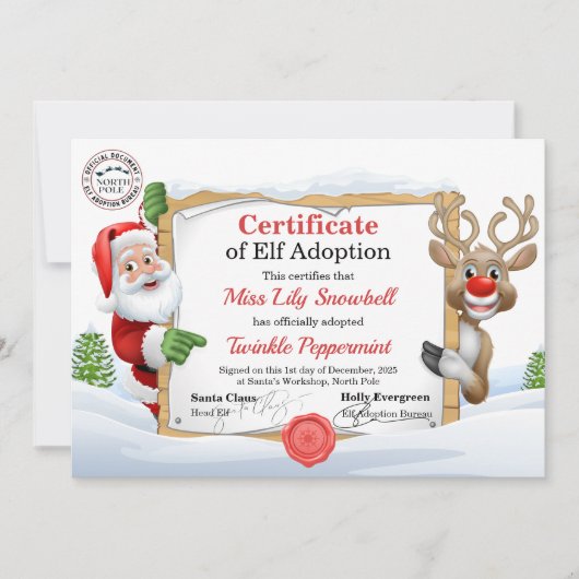 Invitation Official North Pole Elf Adoption Certificate  (Devant)