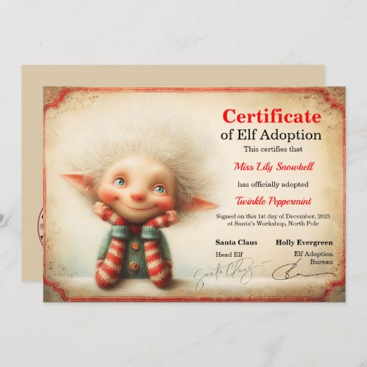 Invitation Official North Pole Elf Adoption Certificate  (Devant / Derrière)