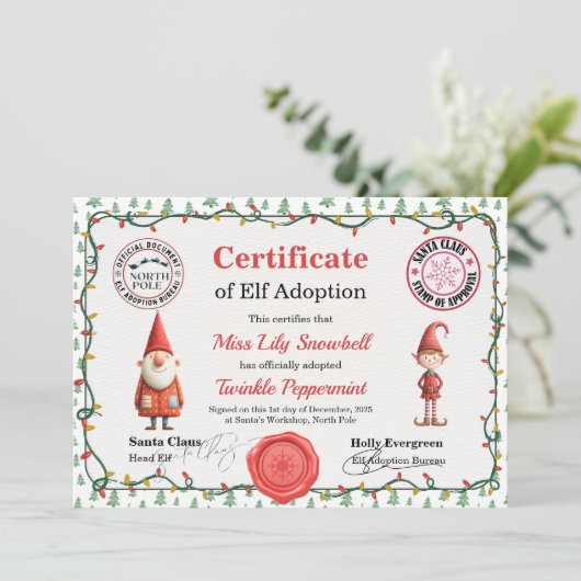 Invitation Official North Pole Elf Adoption Certificate  (Debout devant)
