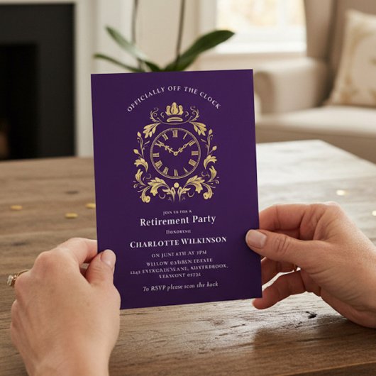 Invitation Officially Off The Clock Gold Scroll Retirement 