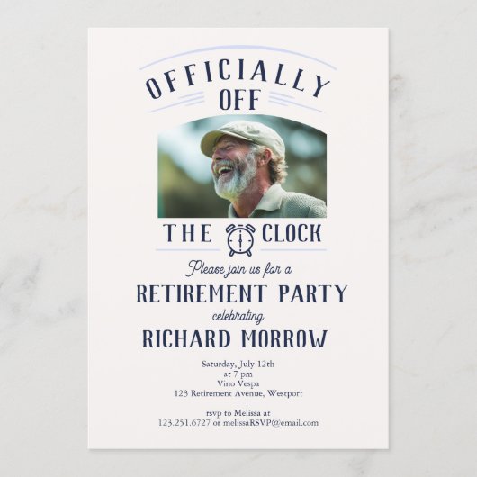 Invitation “Officially Off the Clock” Photo Retirement Party (Devant)