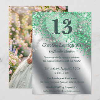 Invitation Officiellement 13 ans, paillettes vert menthe et a