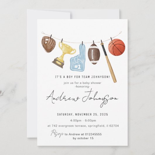 Invitation Offre groupée de Baby shower de sport personnel (Devant)