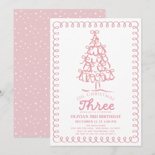 Invitation Oh Arbre de Noël aux Trois Rubans Roses 3ème Anniv (Devant / Derrière)