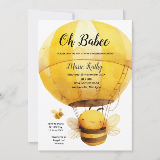 Invitation Oh babe Hot air Balloon Baby shower mignonne Bee (Devant)