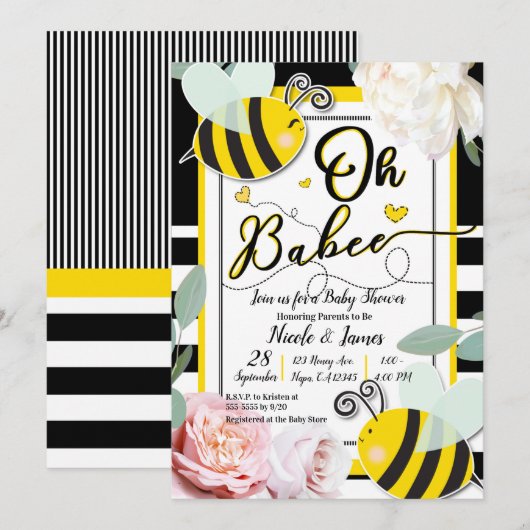 Invitation Oh BaBEE Bee Floral Chic Jaune Baby Shower (Devant / Derrière)