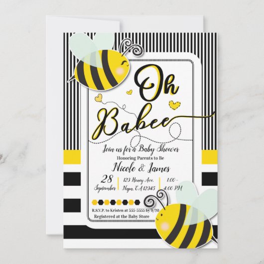 Invitation Oh BaBEE Bee Moderne Chic Baby shower rayé (Devant)
