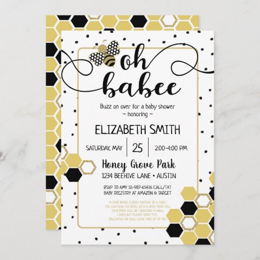 Invitation Oh Babee Bumblebee Gold Parties scintillant Baby s (Devant / Derrière)