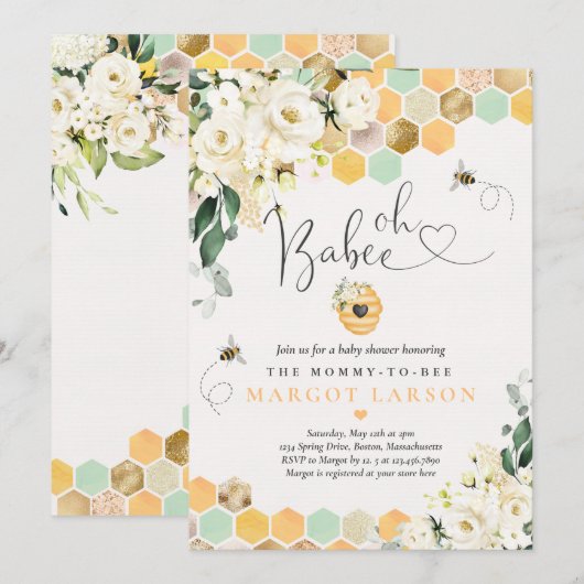 Invitation Oh Babee Green Baby shower floral blanc (Devant / Derrière)