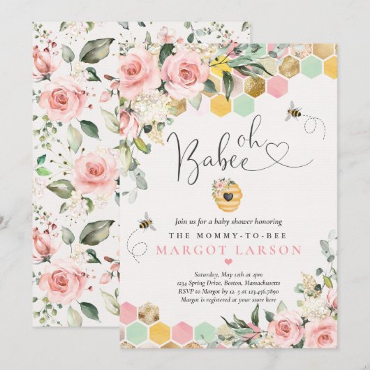 Invitation Oh Babee Greenery Baby shower d'abeilles rose et o (Devant / Derrière)