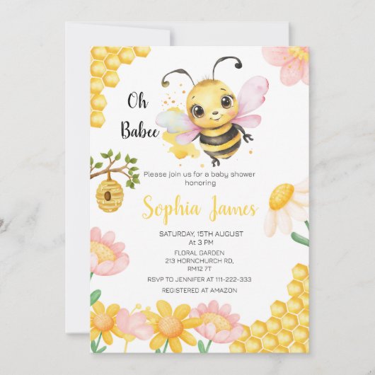 Invitation Oh Babee Honey abeille Baby shower fille (Devant)