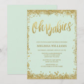 Invitation Oh Babies Mint Baby shower Parties scintillant or (Devant / Derrière)