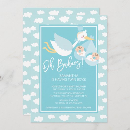 Invitation Oh Babies ! Stork jumeaux garçons Baby shower Invi (Devant / Derrière)