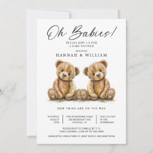 Invitation Oh Babies Twins Aquarelle Baby shower Nounours