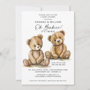 Invitation Oh Babies Twins Aquarelle Ours Baby shower